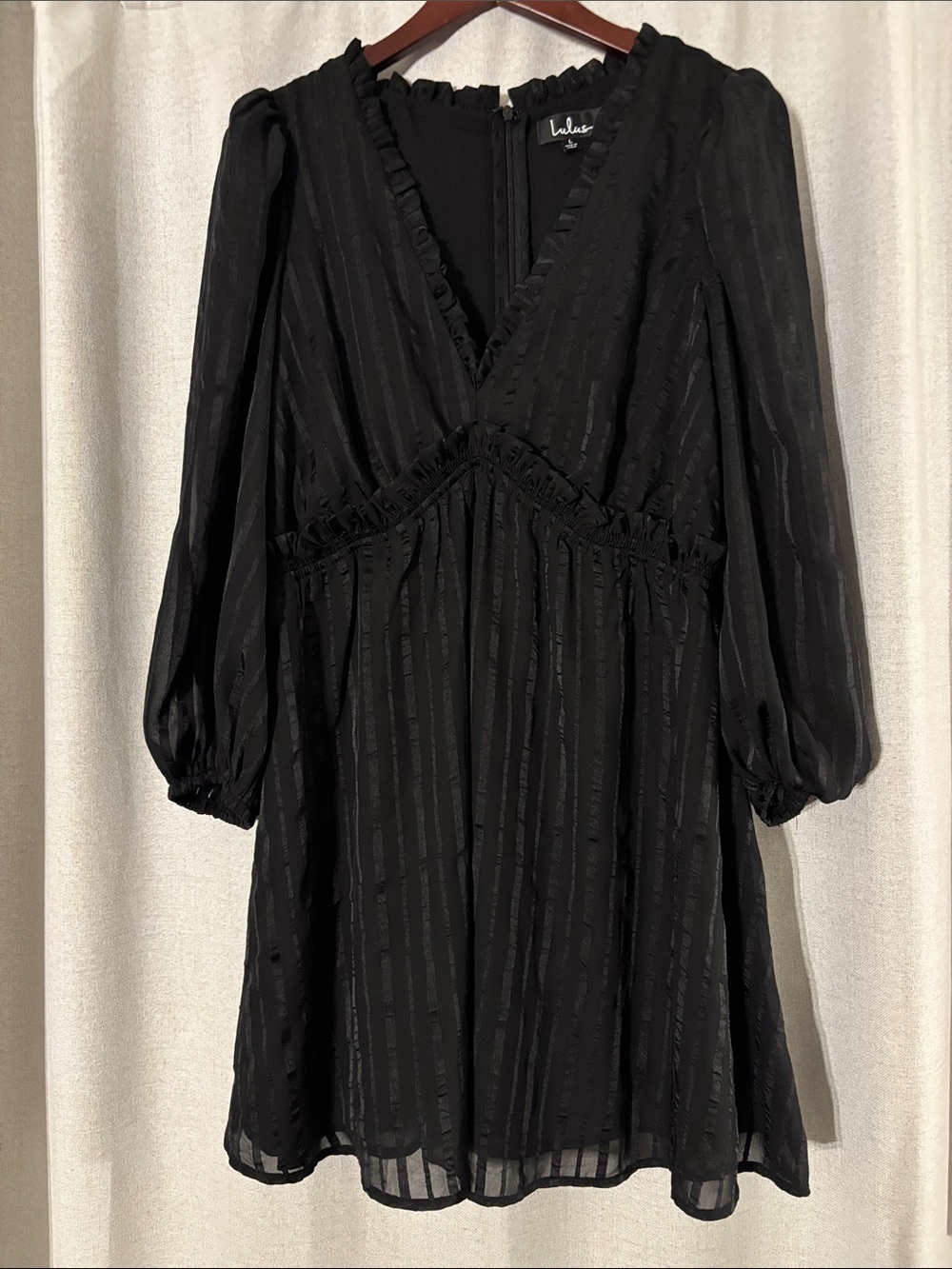 Lulu's Black V-Neck Long Sleeve Mini Dress with Subtle Stripe Texture